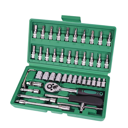 Green plastic case open to show a 46-piece alloy steel metric socket set with a ratchet wrench and L-shaped tools.