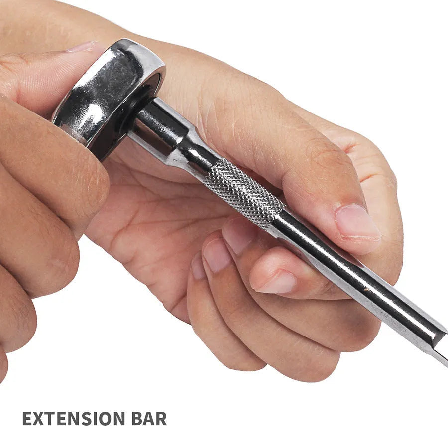 Green plastic case open to show a 46-piece alloy steel socket set with ratchet, torque wrench, and L-shaped wrench.