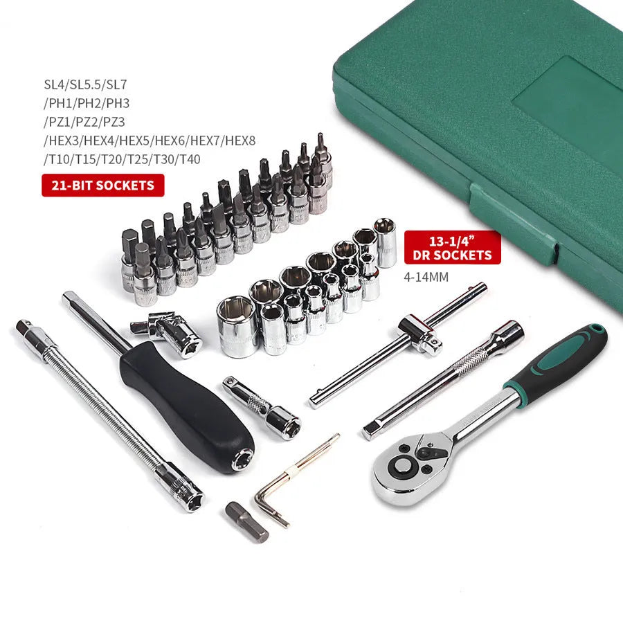 Green plastic case open to show a 46-piece alloy steel socket set with ratchet, torque wrench, and L-shaped wrench.