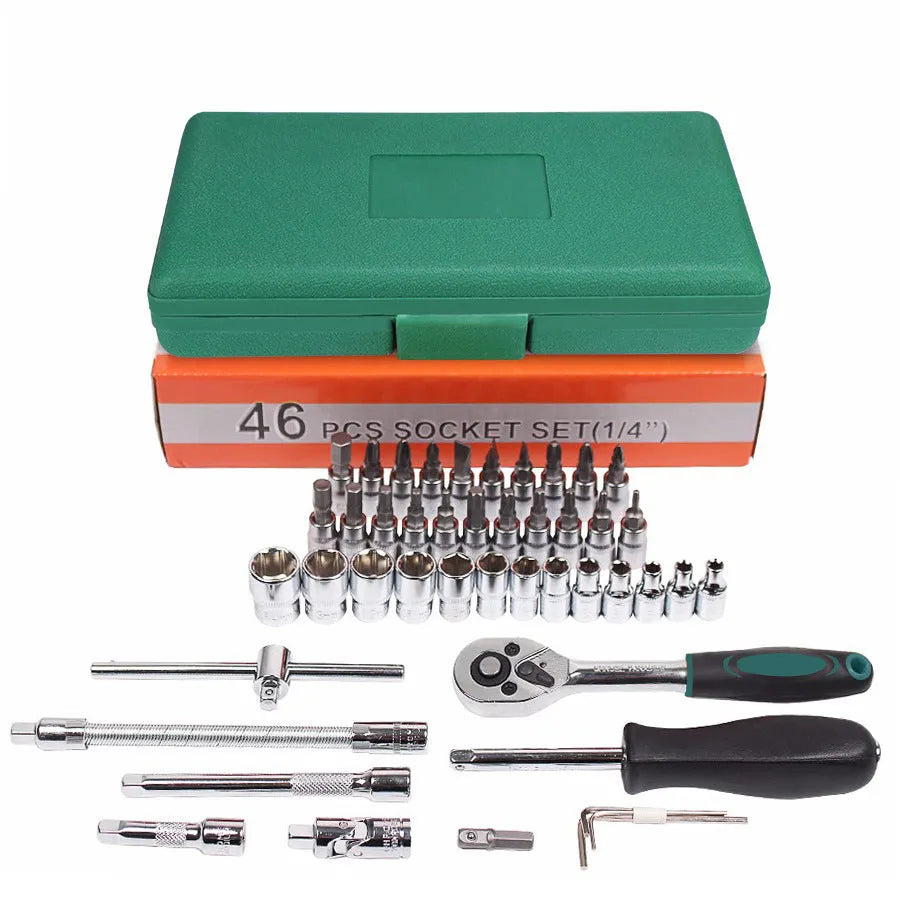 Green plastic case open to show a 46-piece alloy steel socket set with ratchet, torque wrench, and L-shaped wrench.