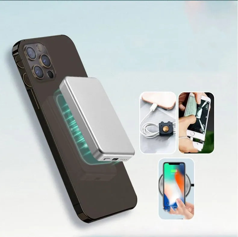 Silver aluminium magnetic wireless charging power bank, shown next to a mobile phone, displaying slim 12mm profile.
