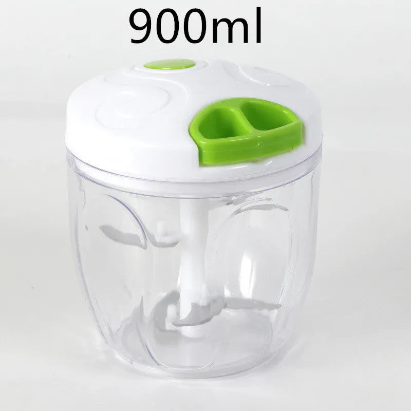 Green manual food chopper with stainless steel blades, showing 500ml capacity bowl.