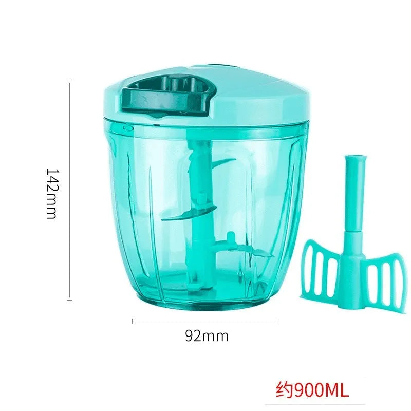 Green manual food chopper with stainless steel blades, showing 500ml capacity bowl.