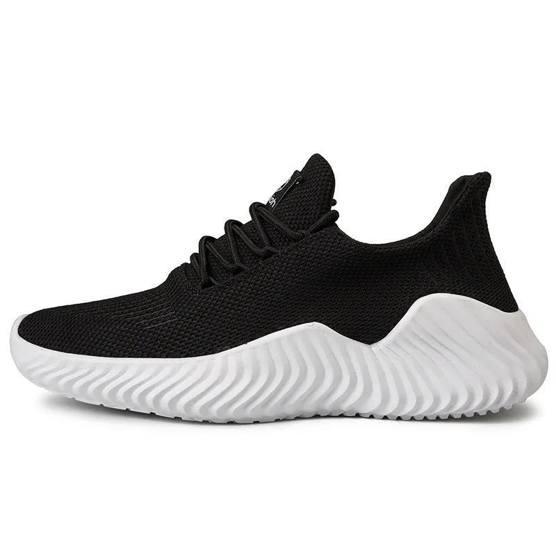 Men's white breathable flyweave mesh lace-up sports shoes with flat heel and MD sole