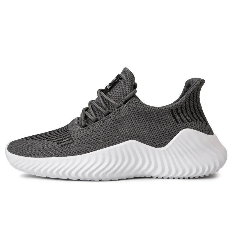 Men's white breathable flyweave mesh lace-up sports shoes with flat heel and MD sole