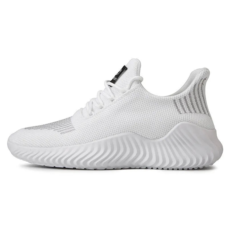 Men's white breathable flyweave mesh lace-up sports shoes with flat heel and MD sole