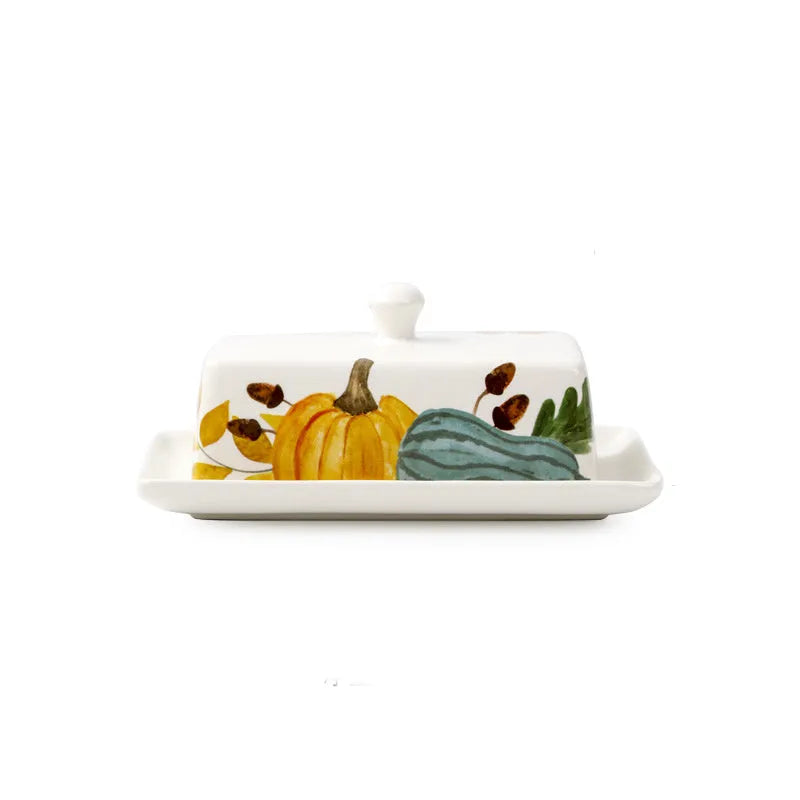 Square ceramic butter box with floral pattern and lid, shown in blue colour.