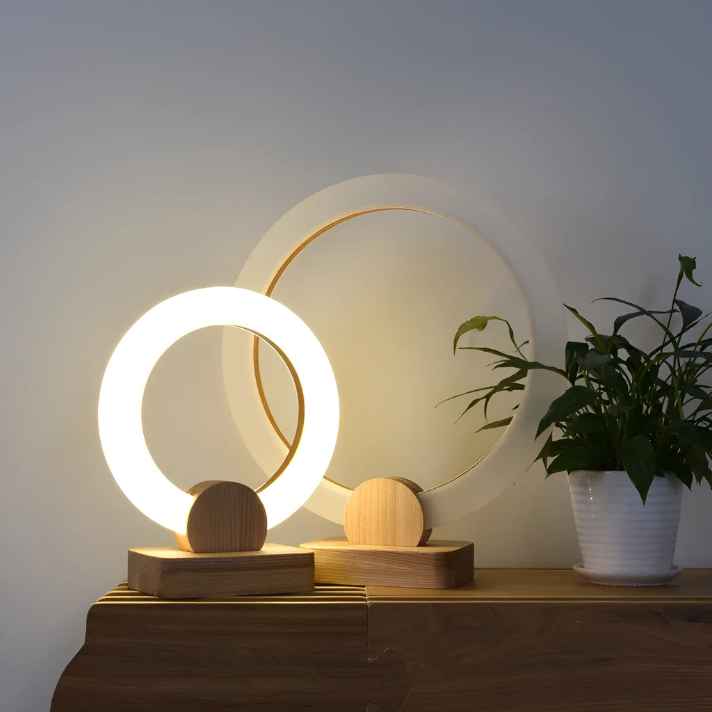 Modern wooden circular chandelier with acrylic shade in a Nordic style
