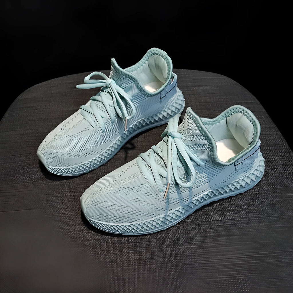 Women's breathable mesh casual sneakers in yellow with white sole, lace-up front, round toe, flat heel