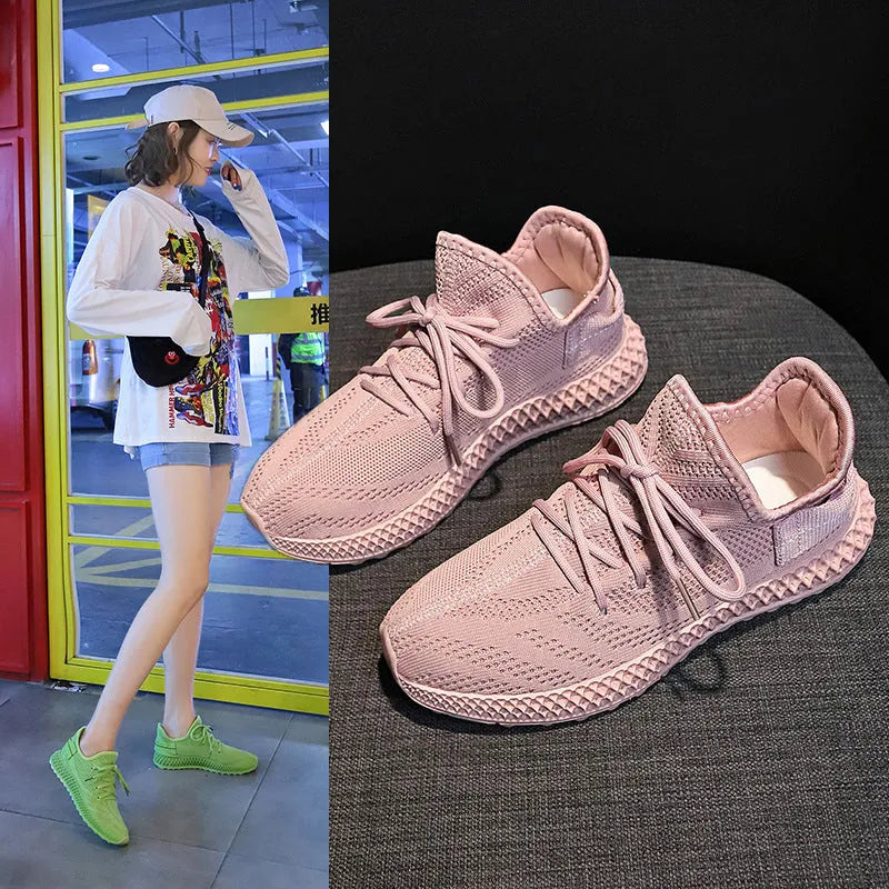 Women's breathable mesh casual sneakers in yellow with white sole, lace-up front, round toe, flat heel