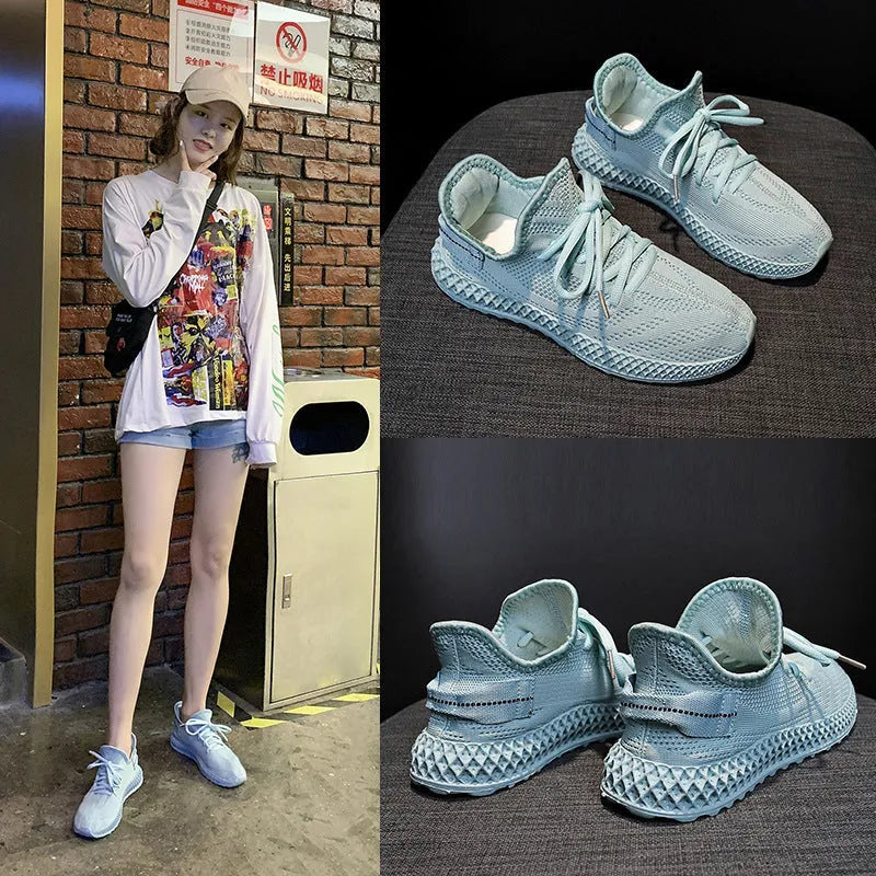 Women's breathable mesh casual sneakers in yellow with white sole, lace-up front, round toe, flat heel