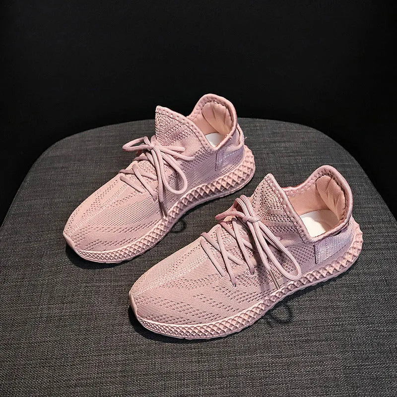 Women's breathable mesh casual sneakers in yellow with white sole, lace-up front, round toe, flat heel