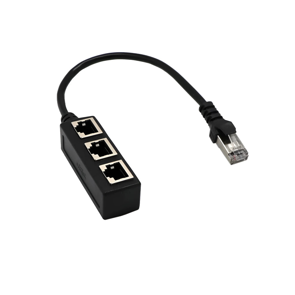 RJ45 1 male to 3 female LAN Ethernet splitter adapter with gold-plated core in black ABS casing