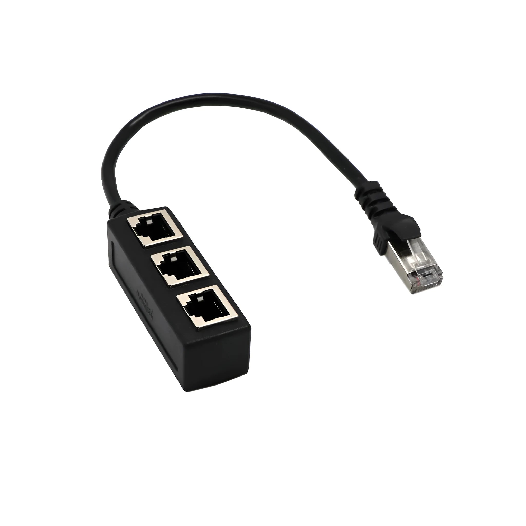 RJ45 1 male to 3 female LAN Ethernet splitter adapter with gold-plated core in black ABS casing