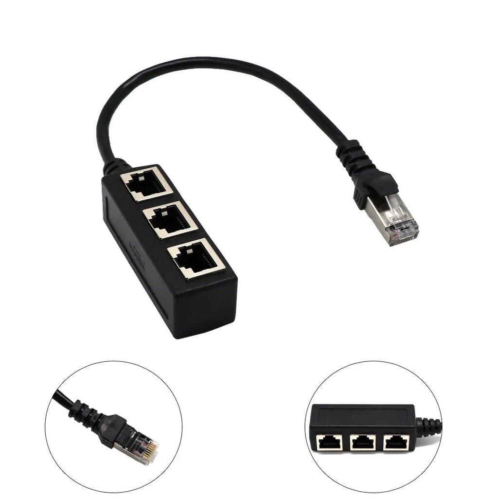 RJ45 1 male to 3 female LAN Ethernet splitter adapter with gold-plated core in black ABS casing