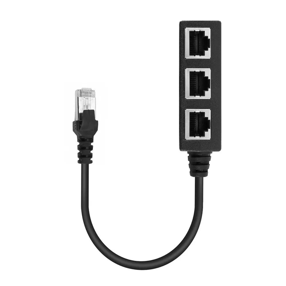 RJ45 1 male to 3 female LAN Ethernet splitter adapter with gold-plated core in black ABS casing