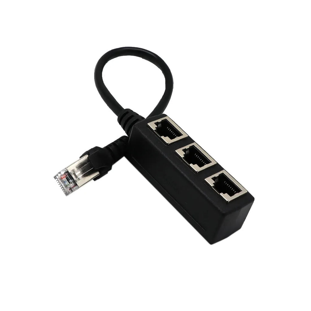 RJ45 1 male to 3 female LAN Ethernet splitter adapter with gold-plated core in black ABS casing