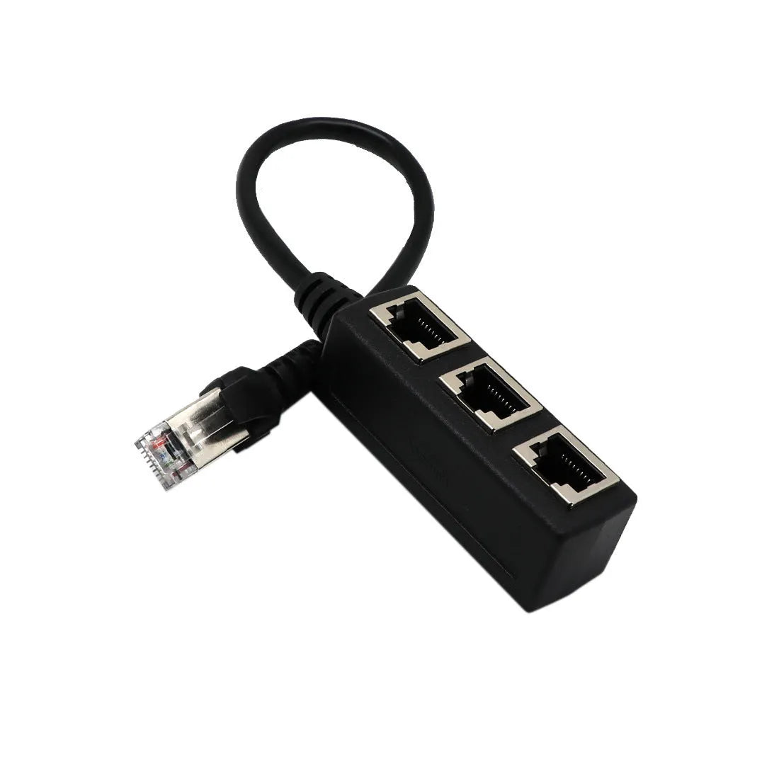 RJ45 1 male to 3 female LAN Ethernet splitter adapter with gold-plated core in black ABS casing