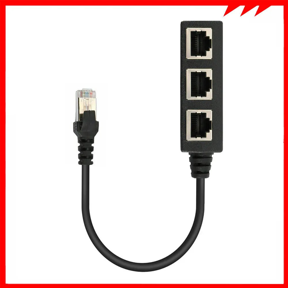 RJ45 1 male to 3 female LAN Ethernet splitter adapter with gold-plated core in black ABS casing