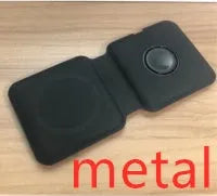 White foldable magnetic wireless charger dock with phone attached, showing angled stand mode.