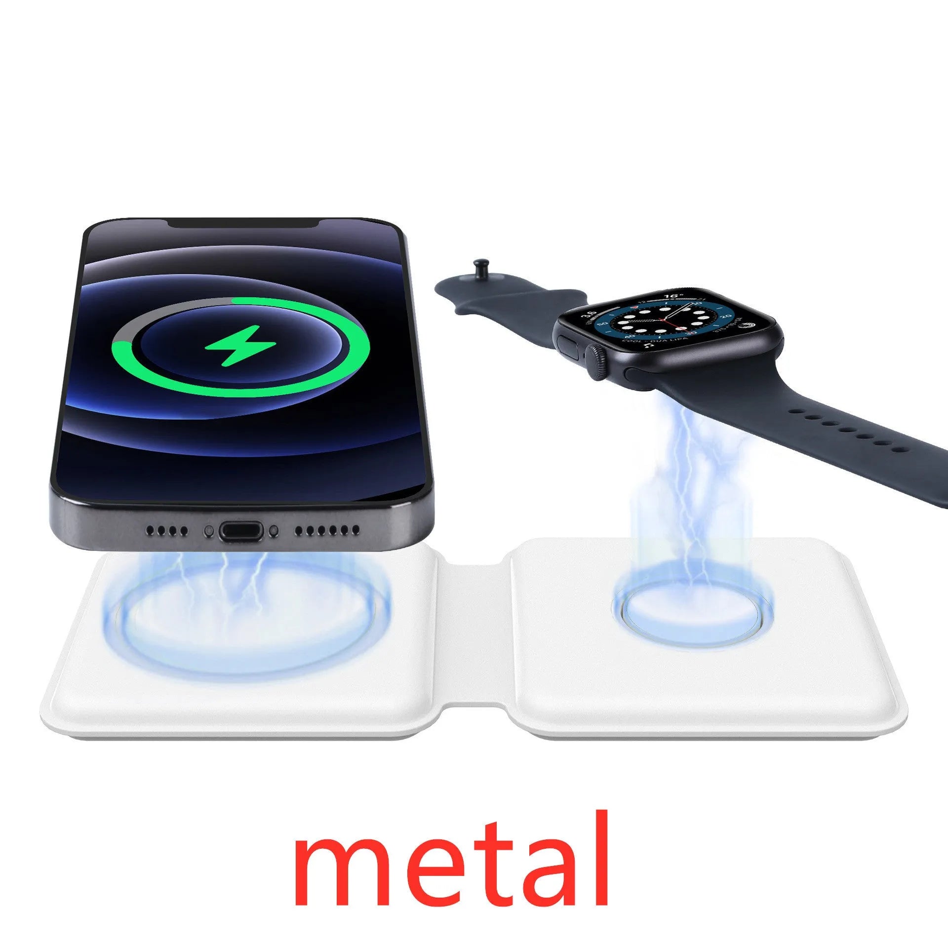 White foldable magnetic wireless charger dock with phone attached, showing angled stand mode.