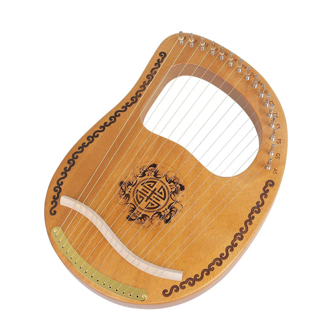 Small mahogany harp in original wood colour, 37 cm wide, with strings and tuning wrench