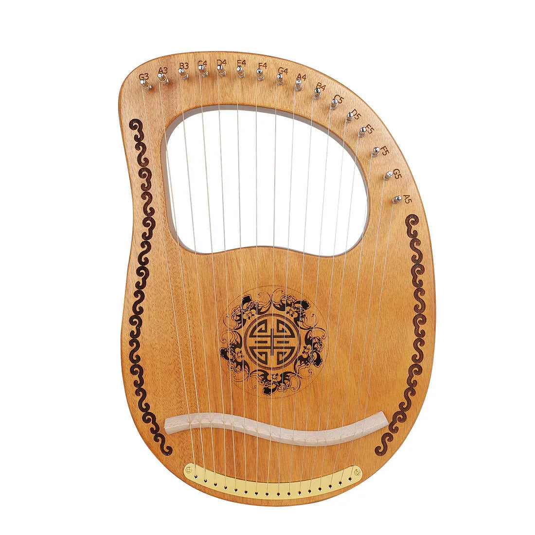 Small mahogany harp in original wood colour, 37 cm wide, with strings and tuning wrench