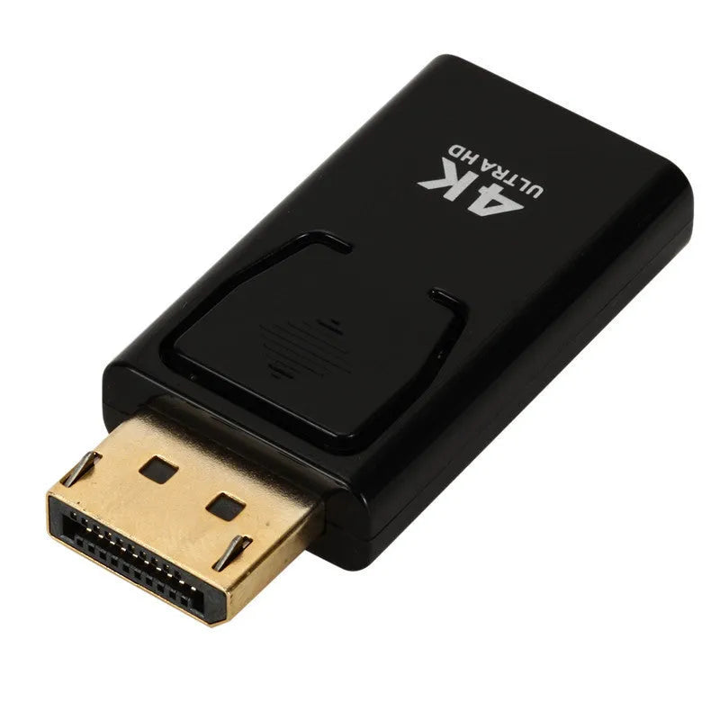 Black DisplayPort to HDMI adapter cable supporting 4K resolution for computer to monitor connections