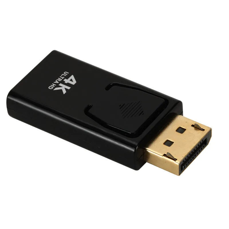 Black DisplayPort to HDMI adapter cable supporting 4K resolution for computer to monitor connections