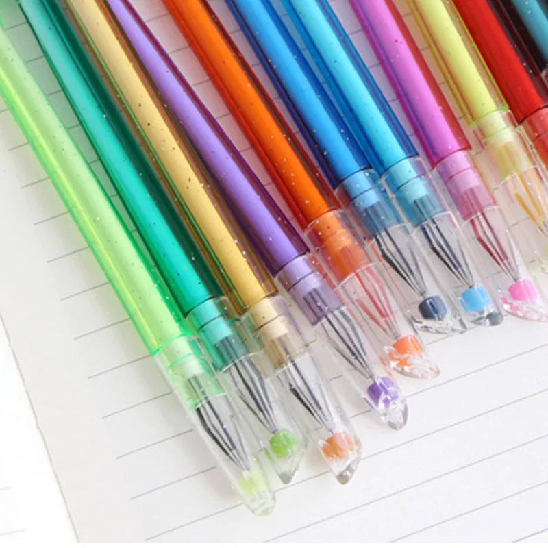 Colourful peacock feather design gel pen set of 12 with fine 0.5mm tip on white background