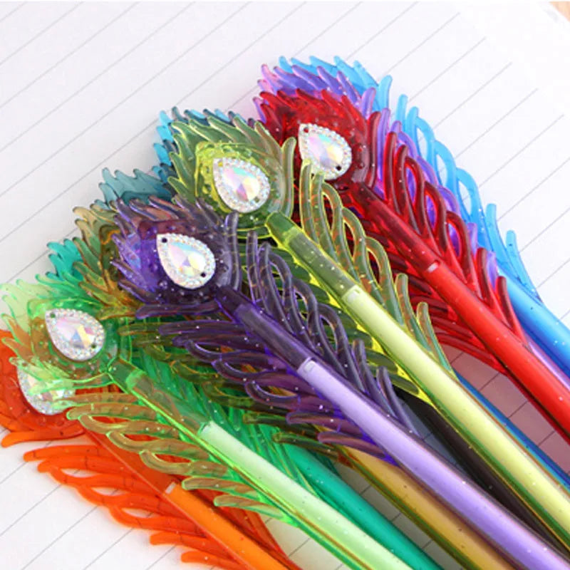 Colourful peacock feather design gel pen set of 12 with fine 0.5mm tip on white background