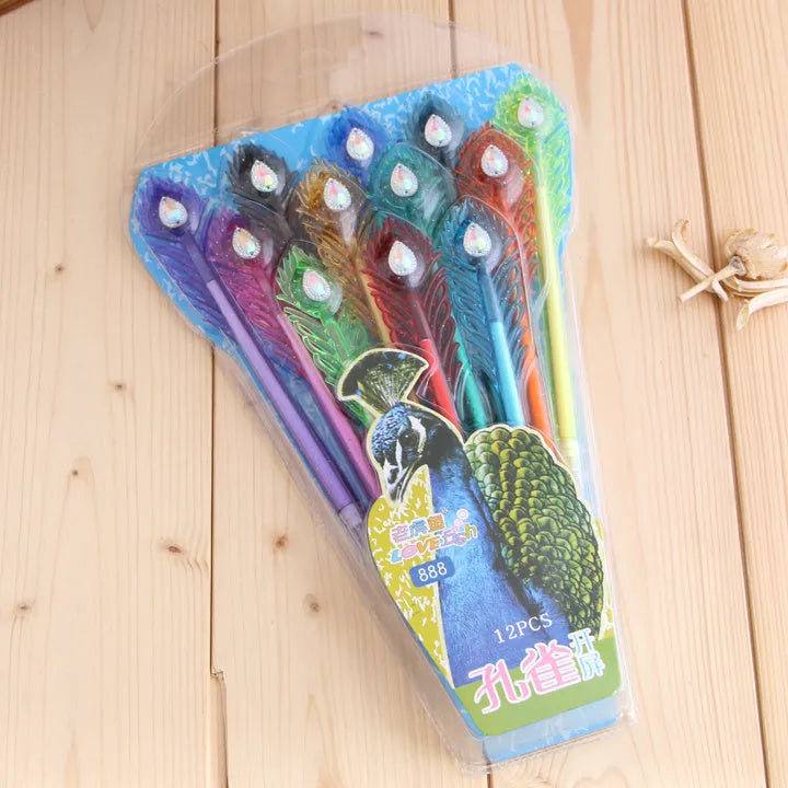 Colourful peacock feather design gel pen set of 12 with fine 0.5mm tip on white background