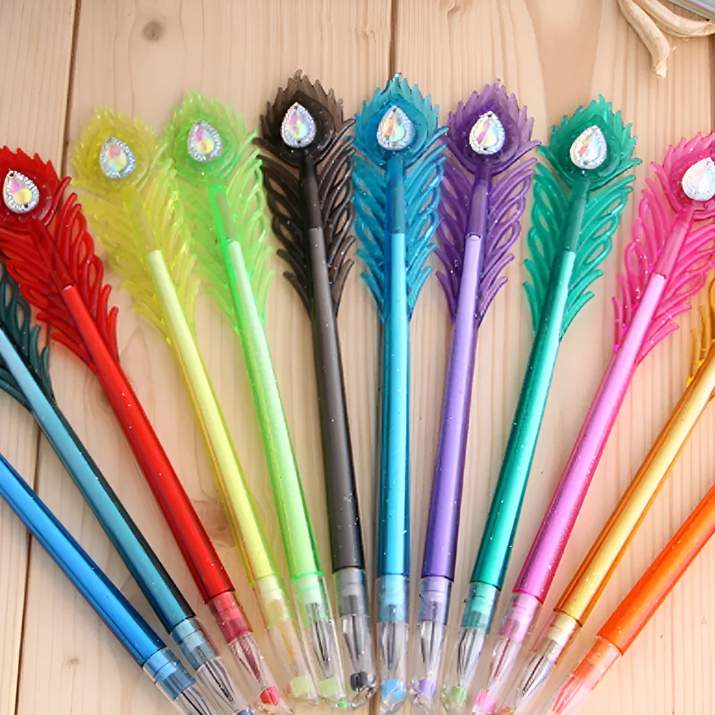 Colourful peacock feather design gel pen set of 12 with fine 0.5mm tip on white background