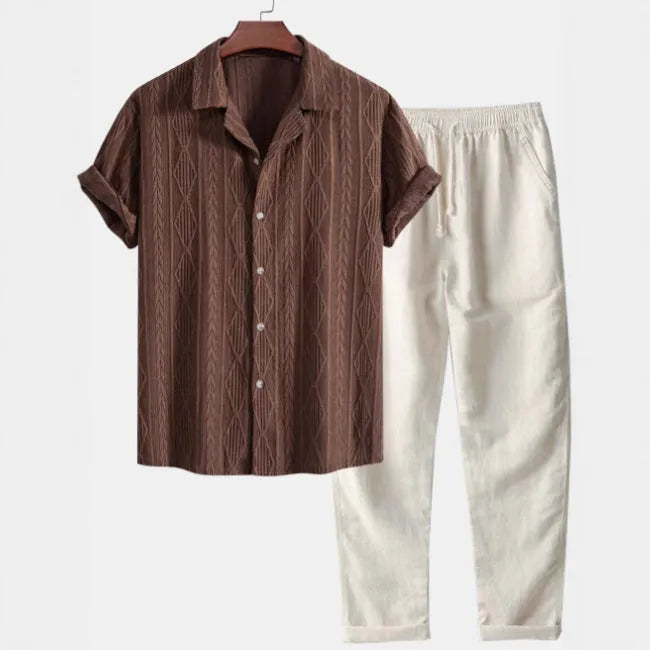 Men's slim fit camouflage print casual suit set with short sleeve shirt and trousers