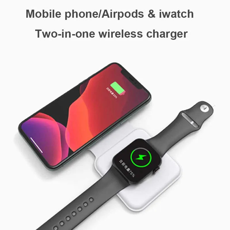 White foldable magnetic wireless charger dock with phone attached, showing angled stand mode.
