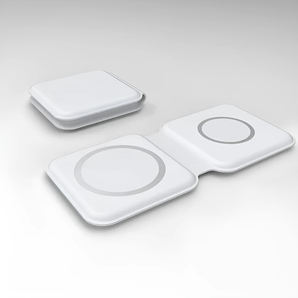 White foldable magnetic wireless charger dock with phone attached, showing angled stand mode.