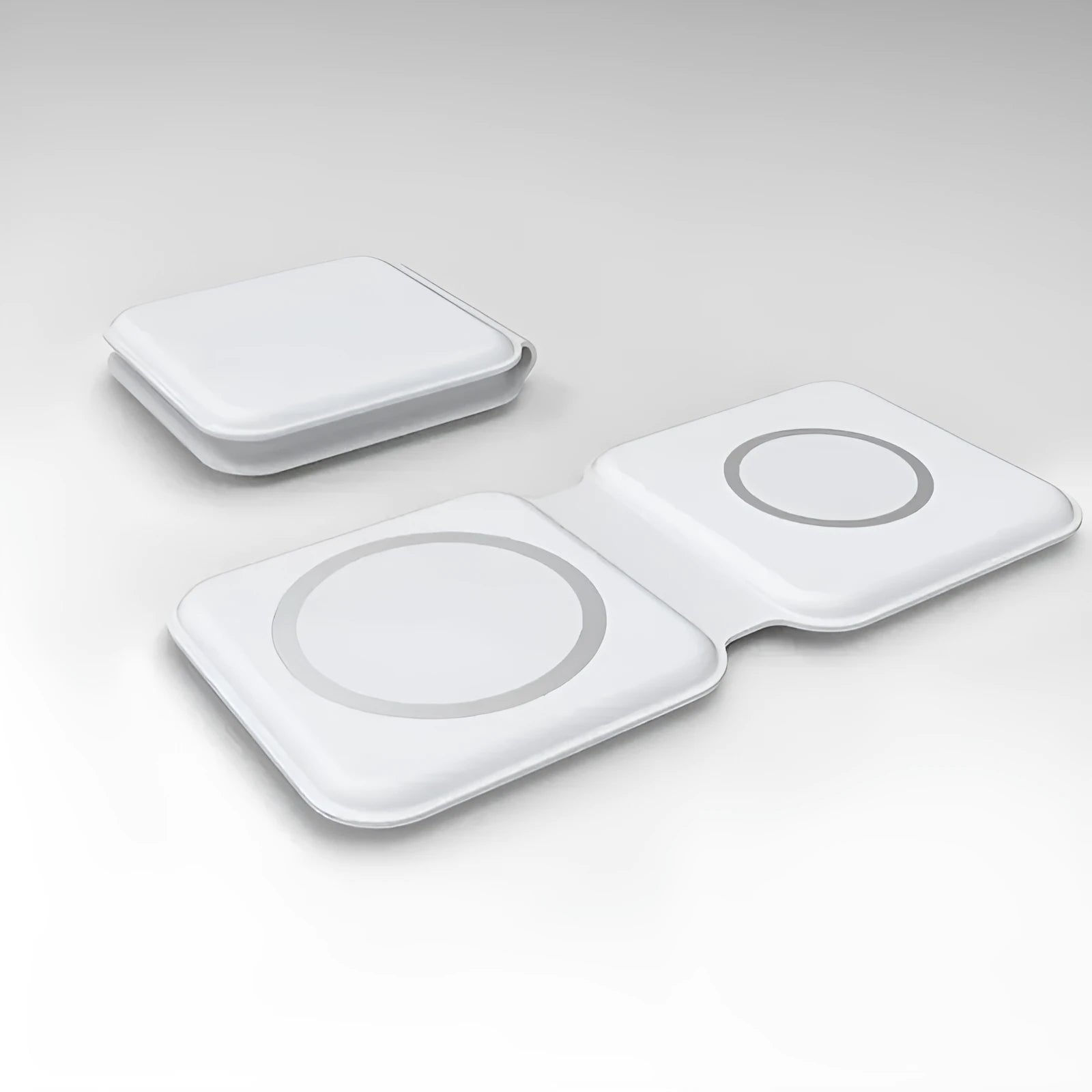 White foldable magnetic wireless charger dock with phone attached, showing angled stand mode.