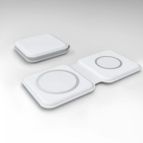 White foldable magnetic wireless charger dock with phone attached, showing angled stand mode.