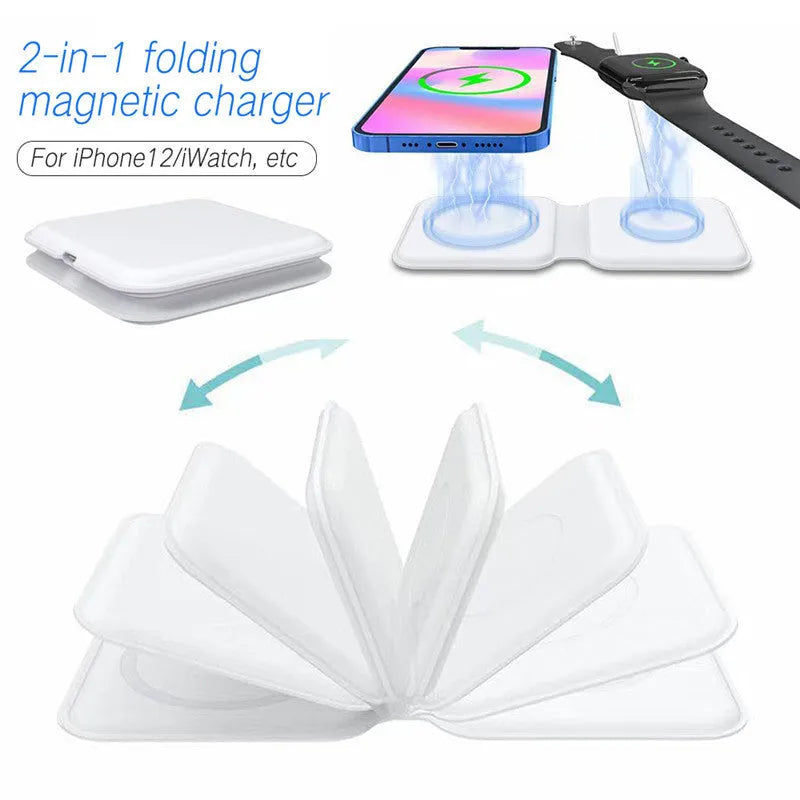 White foldable magnetic wireless charger dock with phone attached, showing angled stand mode.