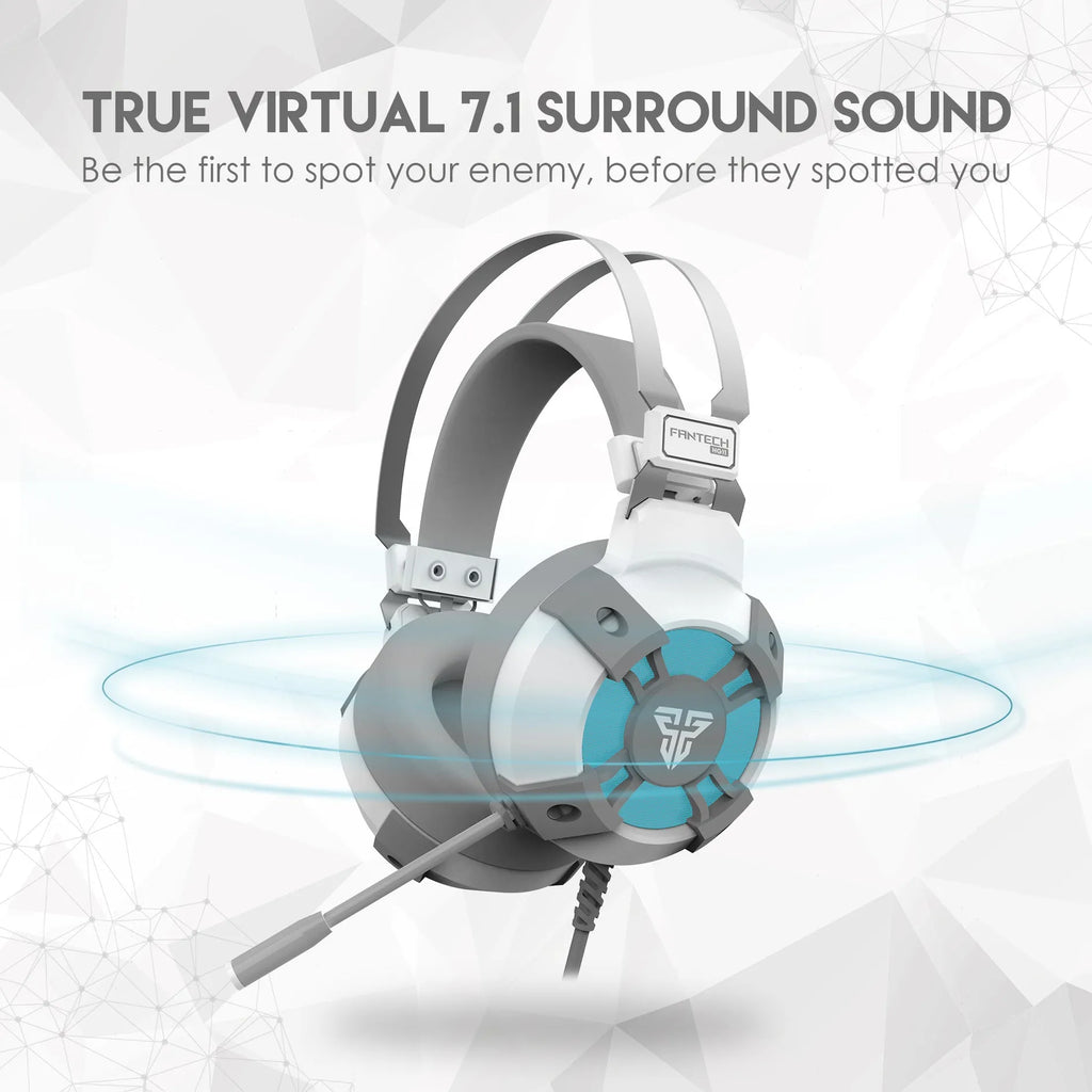 Black FANTECH HG11 USB gaming headset with large ear cups, RGB lighting, and an inline remote control on the cable.