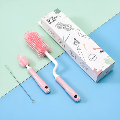 Silicone baby bottle cleaning brush set with long handle and small straw brush in assorted colours.