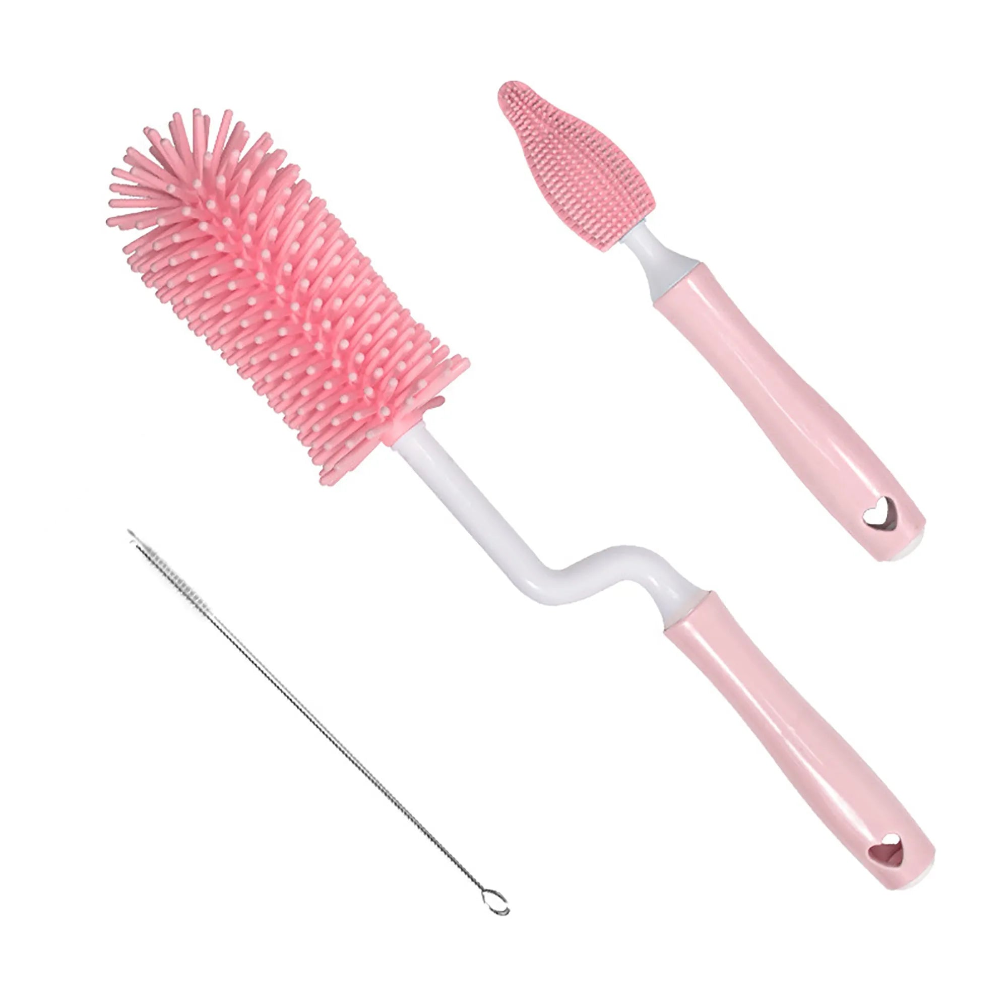 Silicone baby bottle brush with straw cleaning bristles in pink, blue and yellow colours