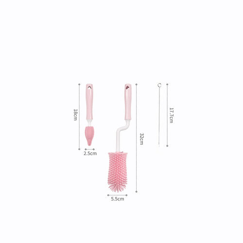 Silicone baby bottle cleaning brush set with long handle and small straw brush in assorted colours.