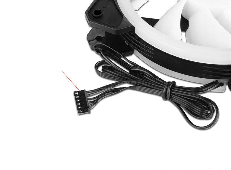 120mm camouflage pattern PC case fan with illuminated multicolour RGB blades on a dark background.