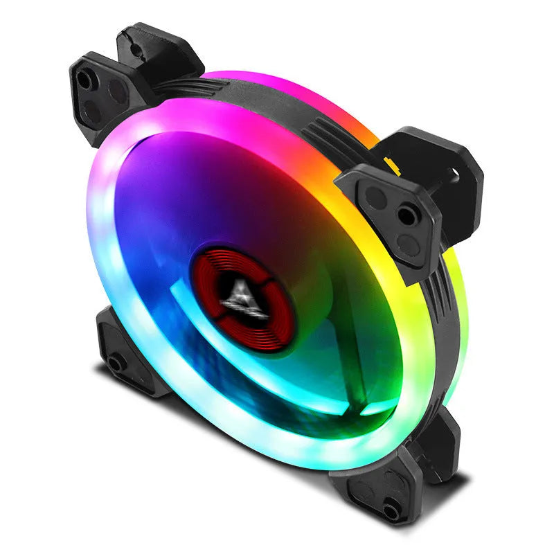120mm camouflage pattern PC case fan with illuminated multicolour RGB blades on a dark background.