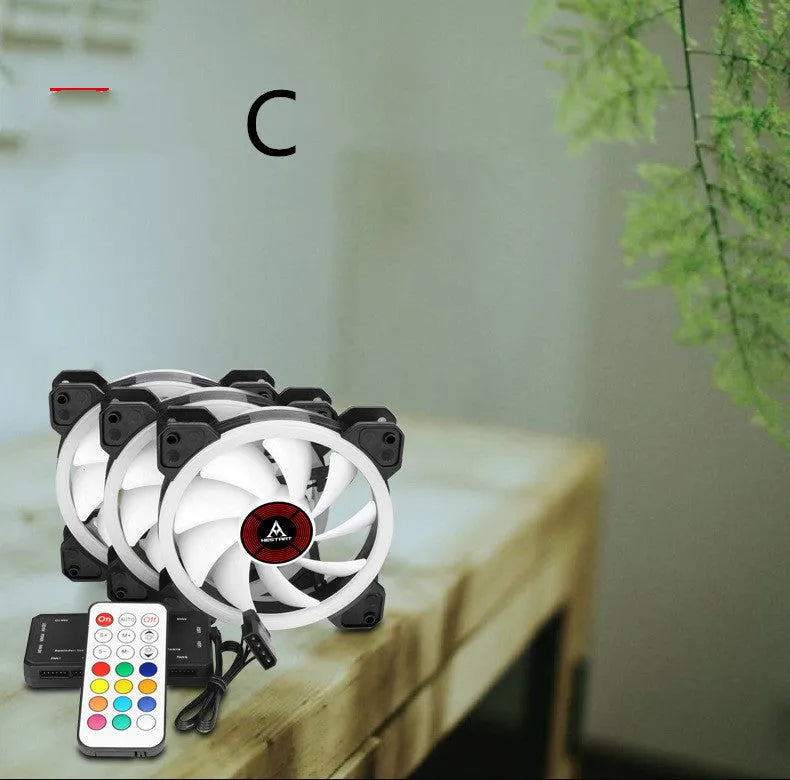 120mm camouflage pattern PC case fan with illuminated multicolour RGB blades on a dark background.