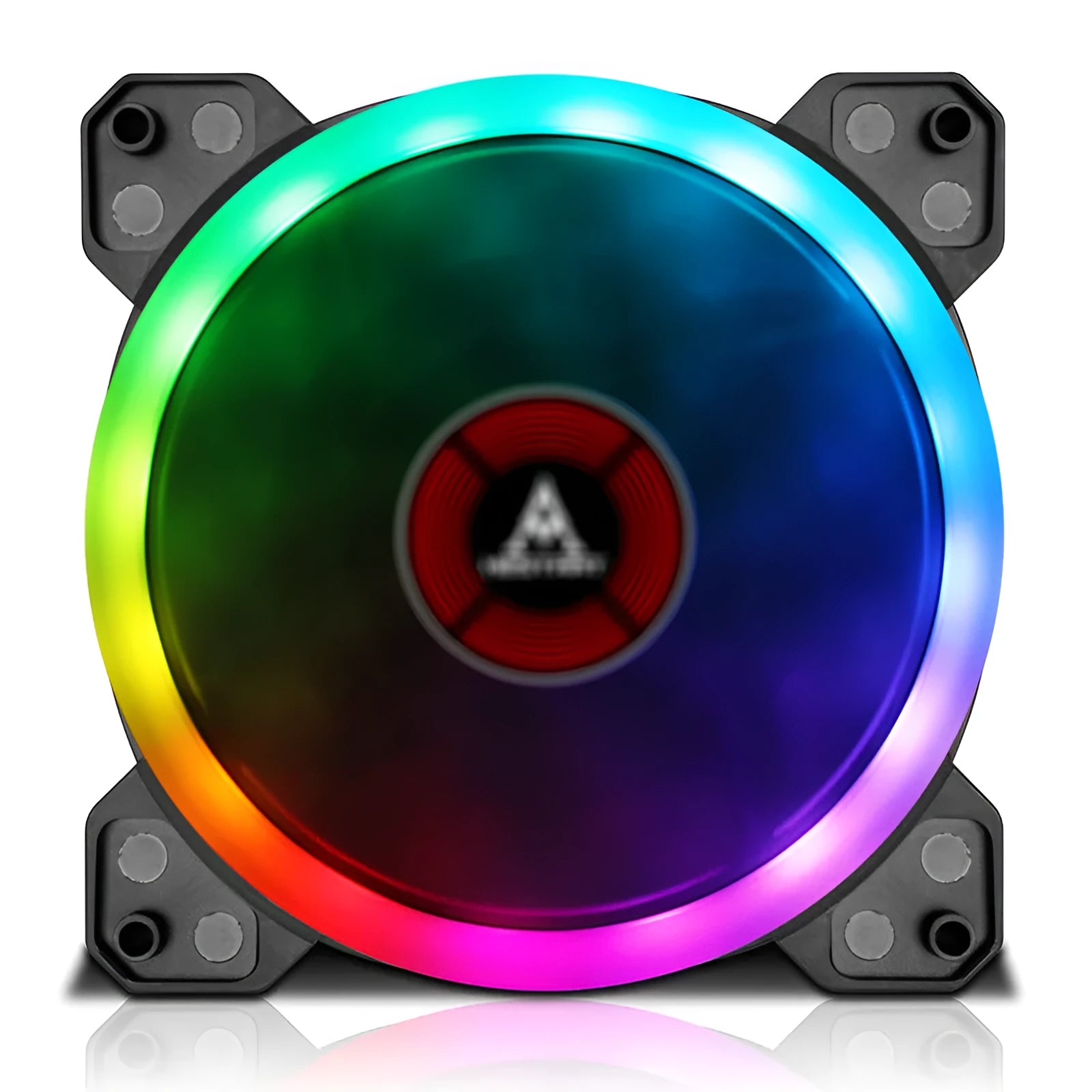 120mm camouflage pattern PC case fan with illuminated multicolour RGB blades on a dark background.