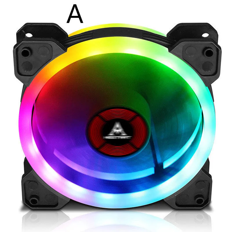 120mm camouflage pattern PC case fan with illuminated multicolour RGB blades on a dark background.