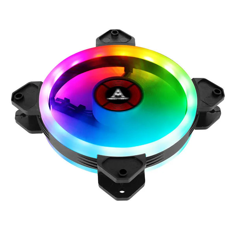 120mm camouflage pattern PC case fan with illuminated multicolour RGB blades on a dark background.