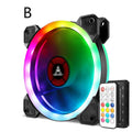 120mm camouflage pattern PC case fan with illuminated multicolour RGB blades on a dark background.